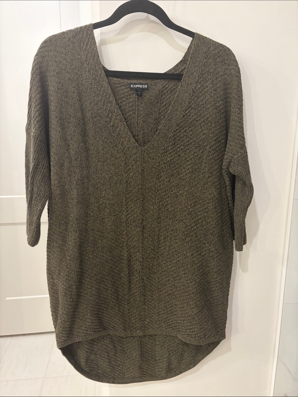 Express Olive V-Neck Knit Tunic Sweater